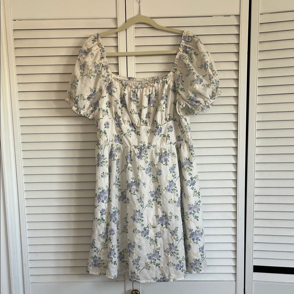 Cider Floral Puff Sleeve Mini Dress - Cream and Purple